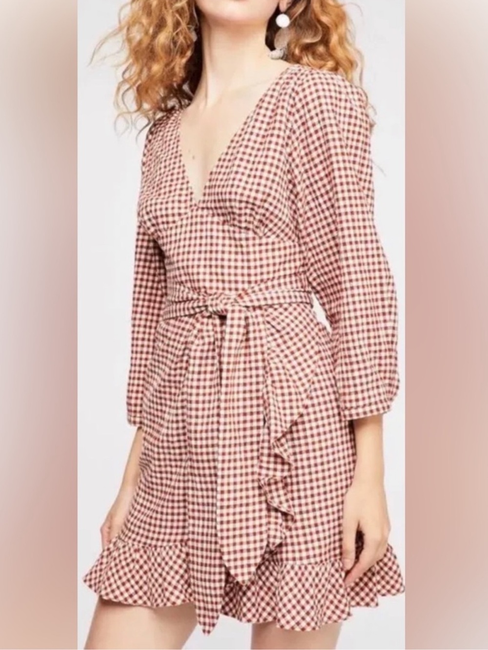 Free People Fargo V-Neck Brick Red Gingham 3/4 Sleeve Ruffle Skirt Dress Size 8